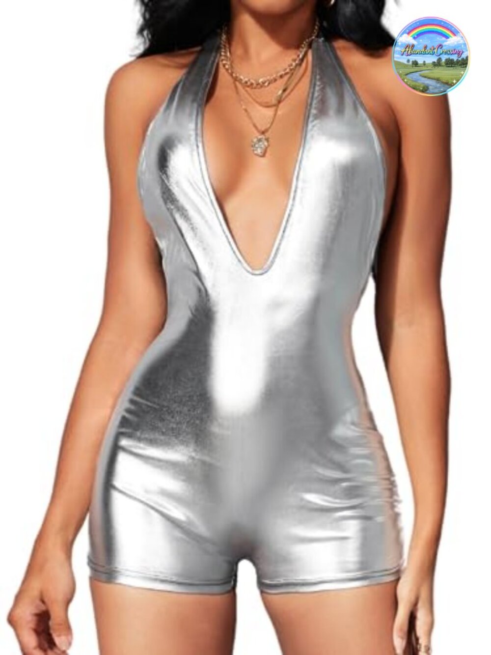 Metallic Bodycon Romper Tie Halter One Piece Backless Club Outfit